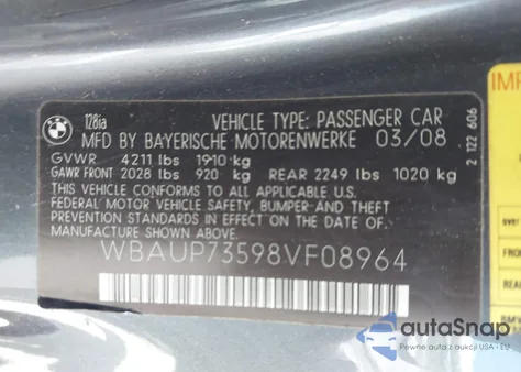 2008 BMW 128I z USA, uszkodzony, nr VIN WBAUP73598VF08964